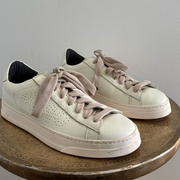 P448 Cream White Leather Sneakers with Light Taupe Laces - Picture 2 of 8